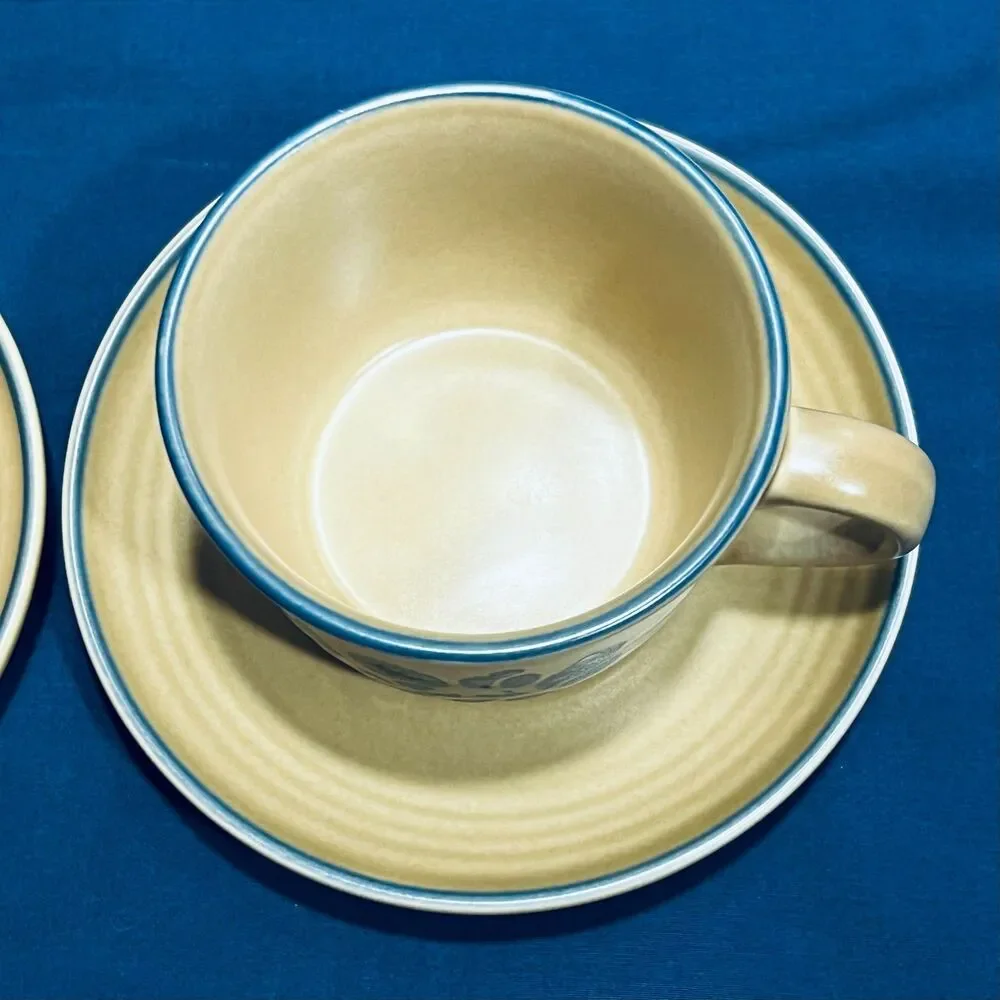 Set of 2 Vintage Pfaltzgraff Folk Art Flat Cup and Saucer Tan Stoneware Blue Flo